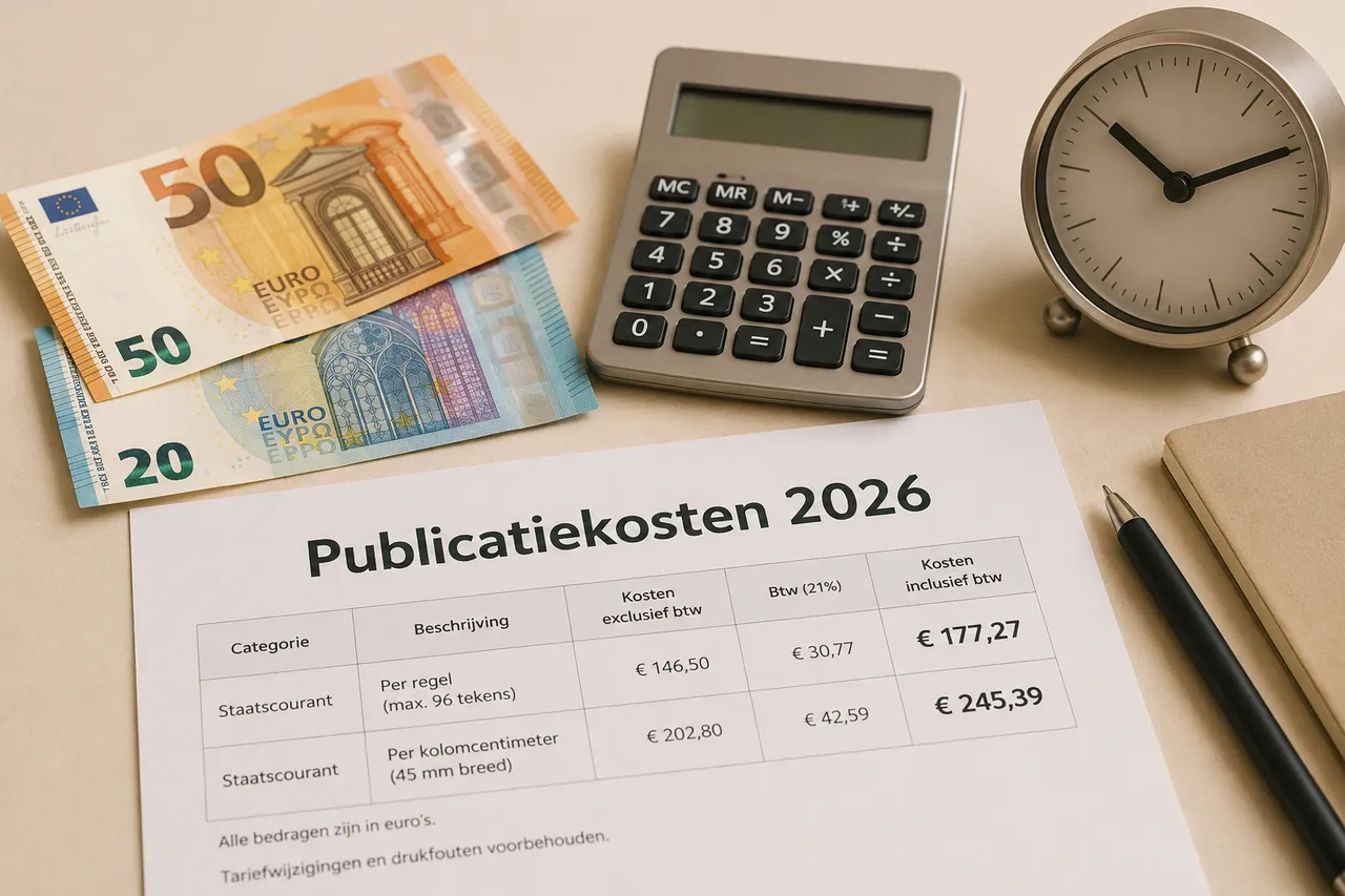 Publicatiekosten 2026 met eurobiljetten en rekenmachine