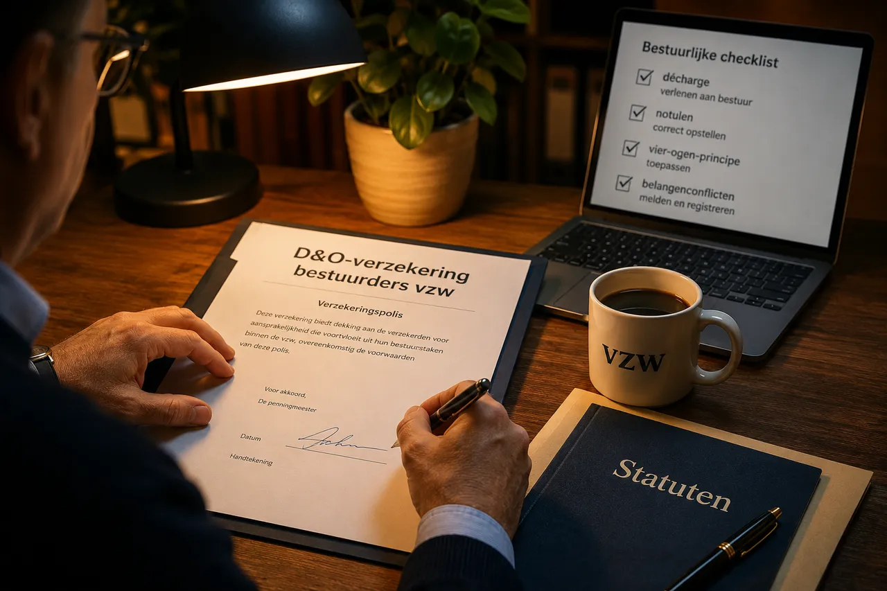 Penningmeester ondertekent D&O-verzekering met checklist op laptop