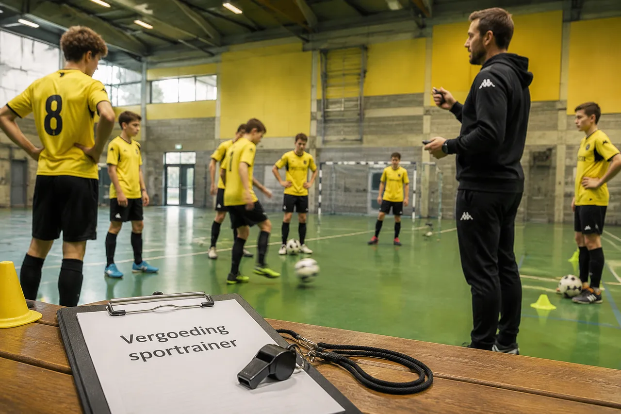 Sporttrainer geeft instructies aan jongeren in een Vlaamse sporthal