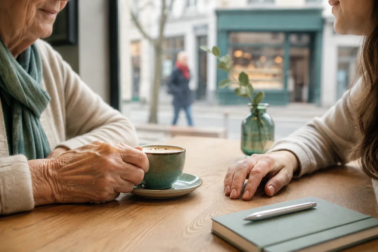 () close-up documentary photograph of two hands, one older wrinkled hand holding a coffee cup and one younger hand resting
