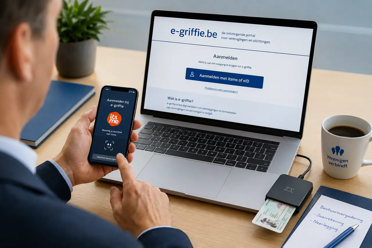 Belgische vzw-documenten op bureau met laptop toont e-griffie wizard