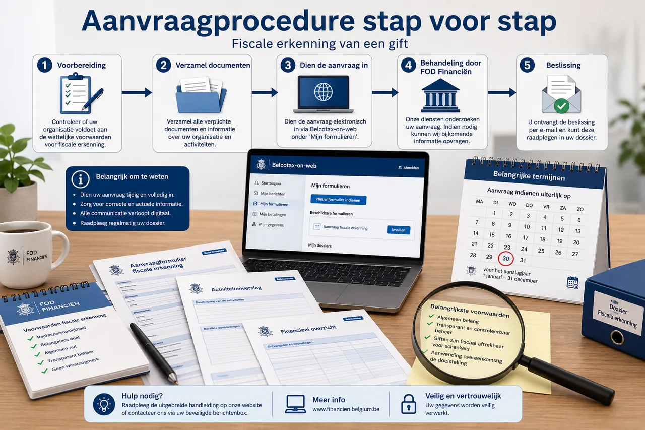 Detailed () image showing step-by-step application process for fiscal gift recognition, featuring official FOD Financiën