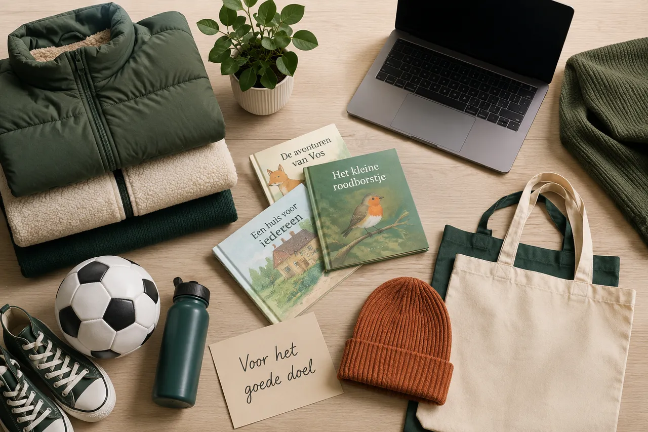 Geschonken spullen op een tafel: winterjassen, boeken, een laptop en meer