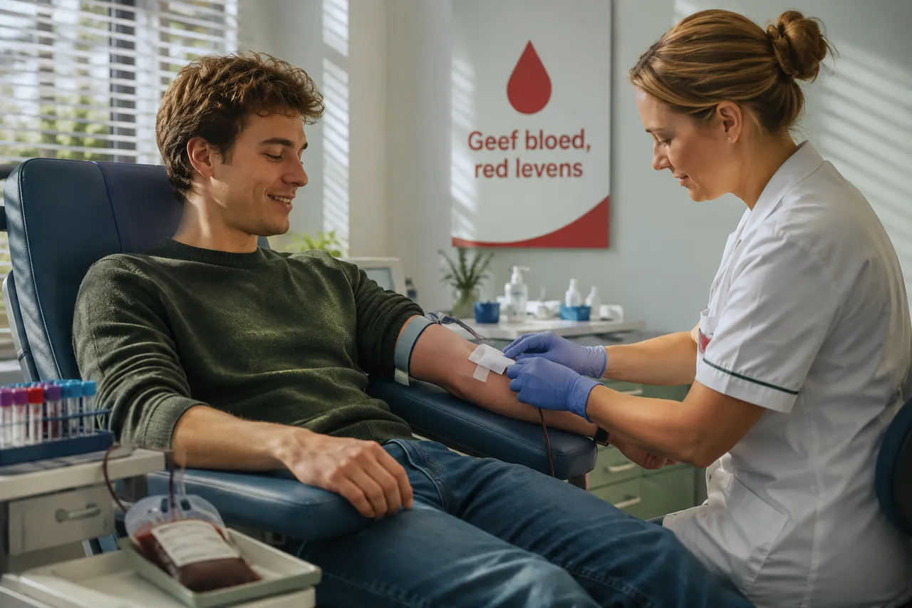 Jonge donor geeft bloed in een moderne kliniek