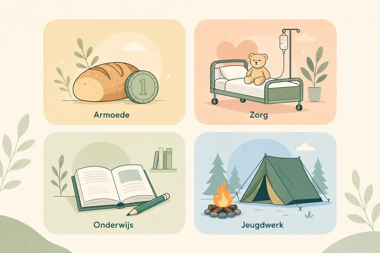 Vier soorten goede doelen voor kinderen: armoede, zorg, onderwijs en jeugdwerk