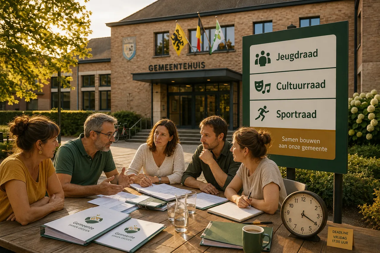 Vlaams gemeentehuis met informatiebord Jeugdraad, Cultuurraad en Sportraad
