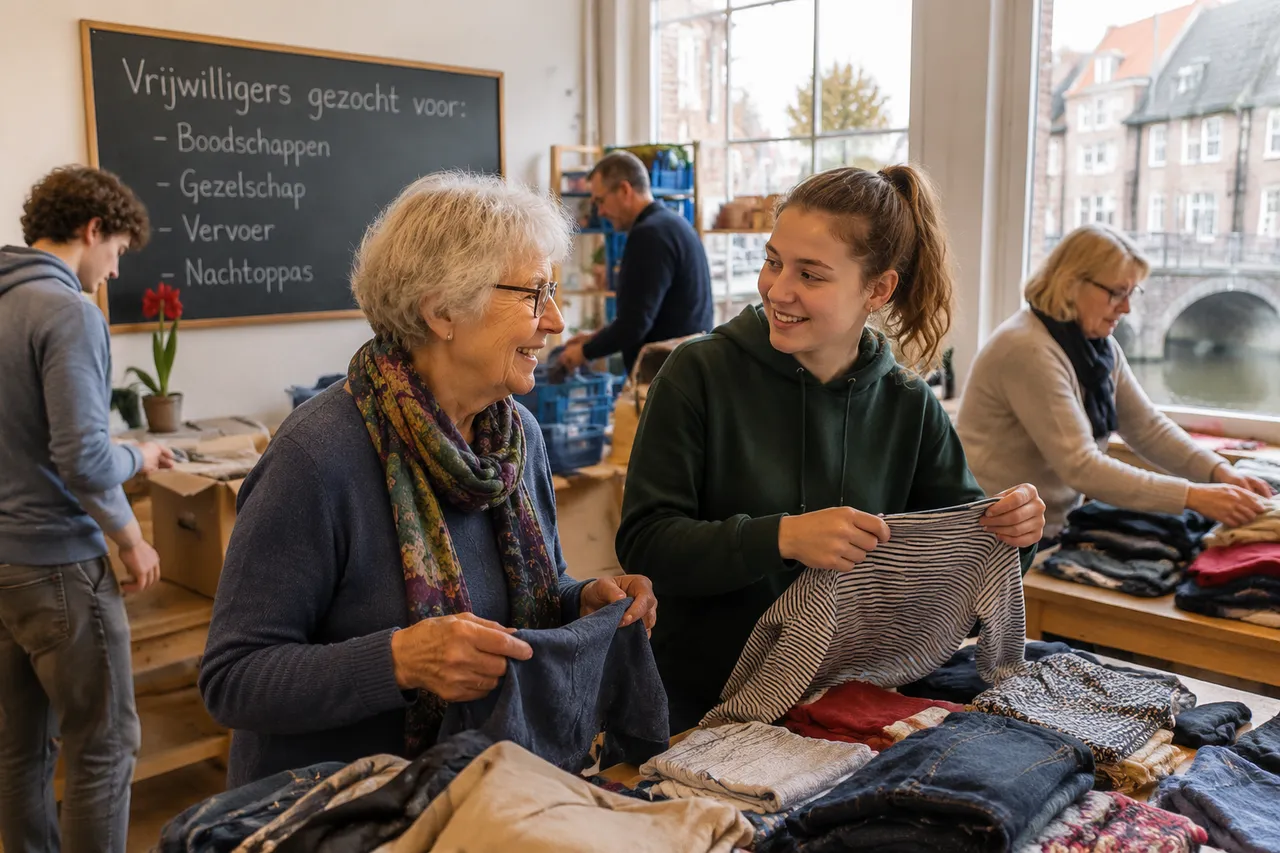 Vrijwilligers sorteren kledij in een Brugs buurtcentrum