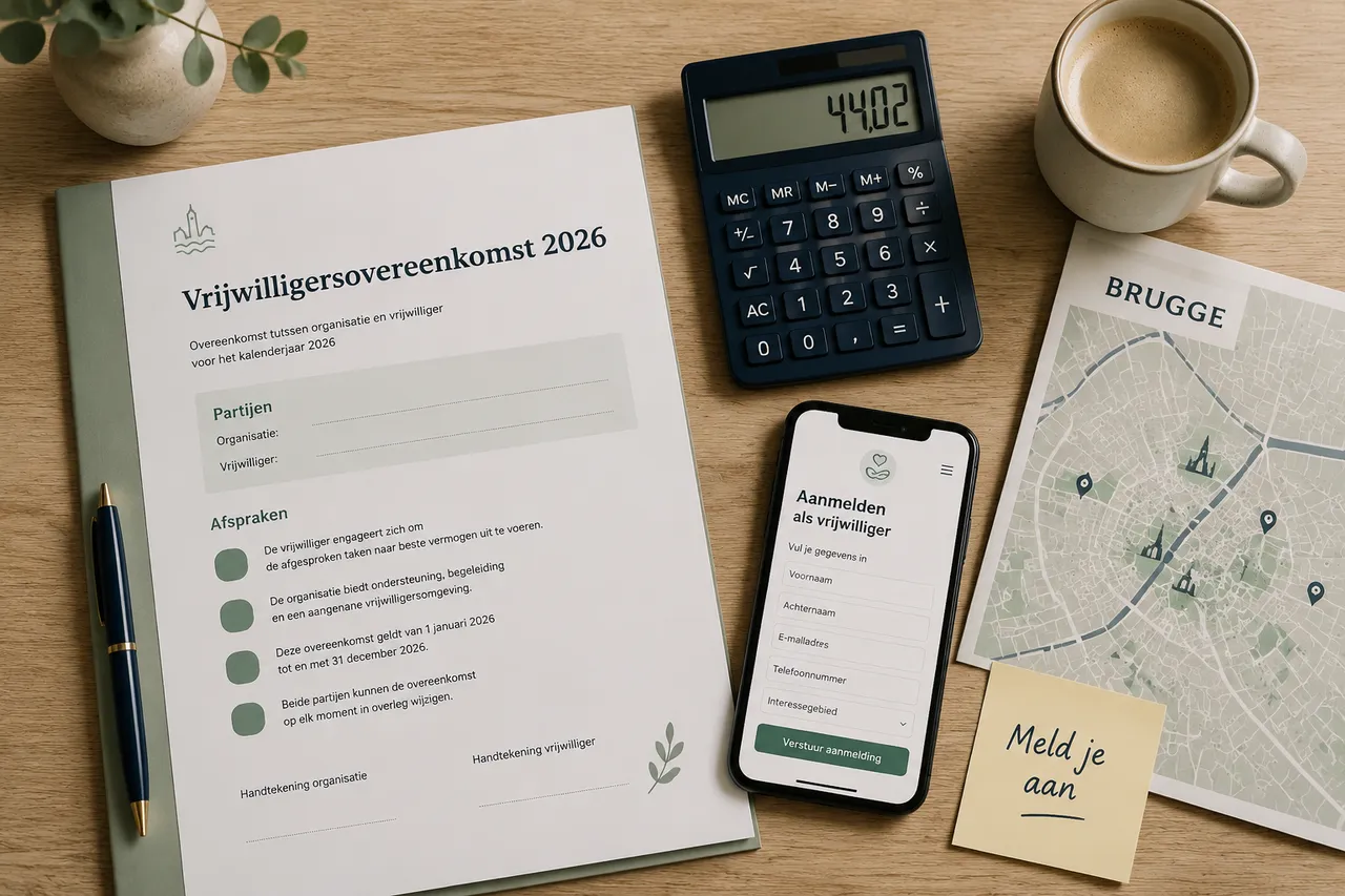 Vrijwilligersovereenkomst 2026 met rekenmachine en kaart van Brugge