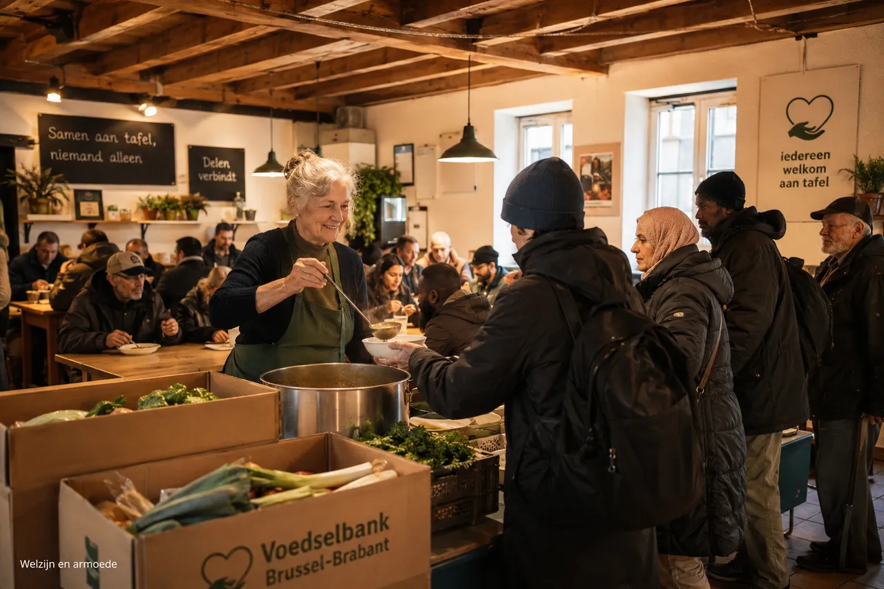 Vrijwilligers delen soep uit in een Brussels sociaal restaurant