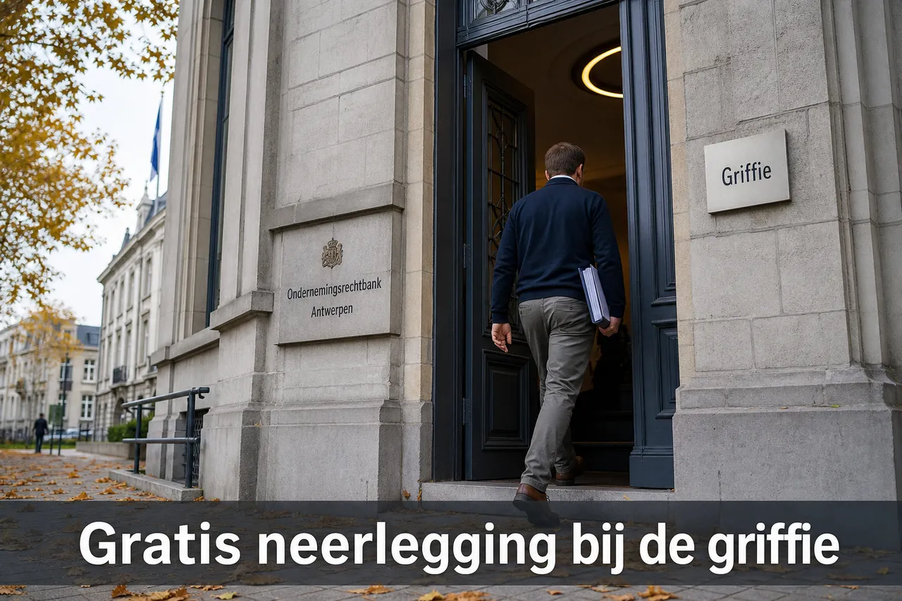 Penningmeester met dossier aan de griffie van de ondernemingsrechtbank