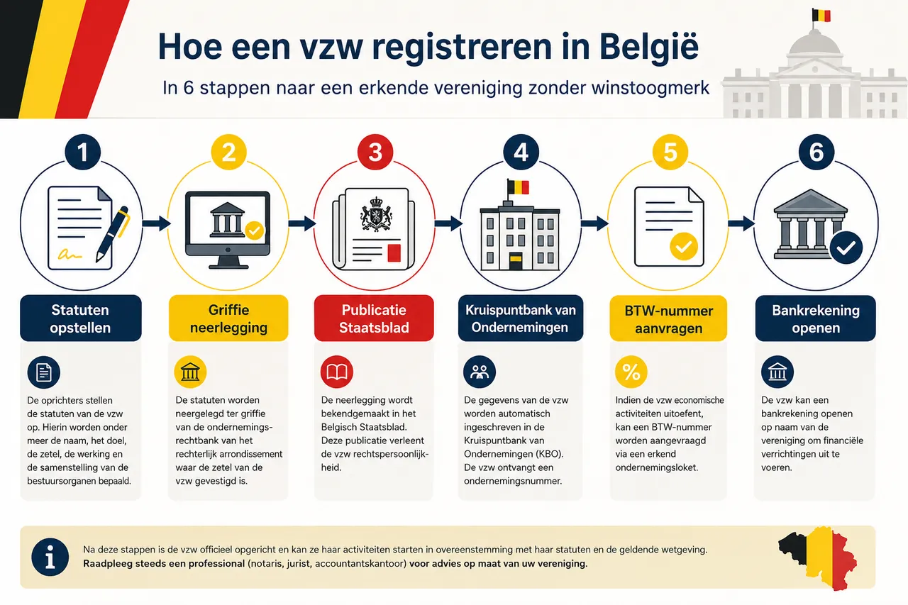 infographic showing step-by-step vzw registration process in Belgium. Visual flowchart with numbered circles (1-6)