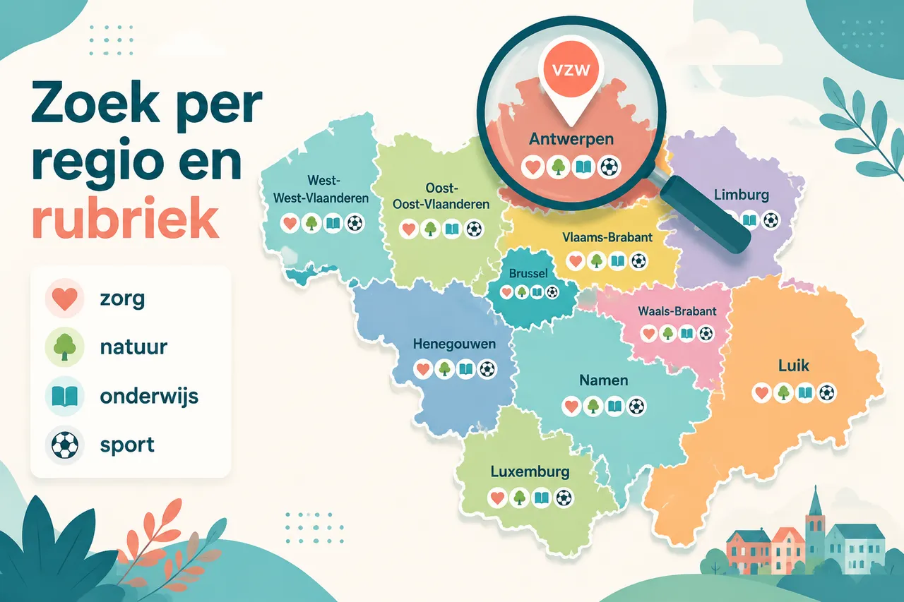 Belgische kaart met vzw's per regio en rubriek