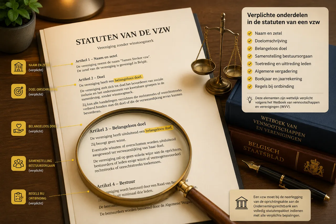 image showing detailed vzw statuten document with highlighted mandatory sections, magnifying glass focusing on