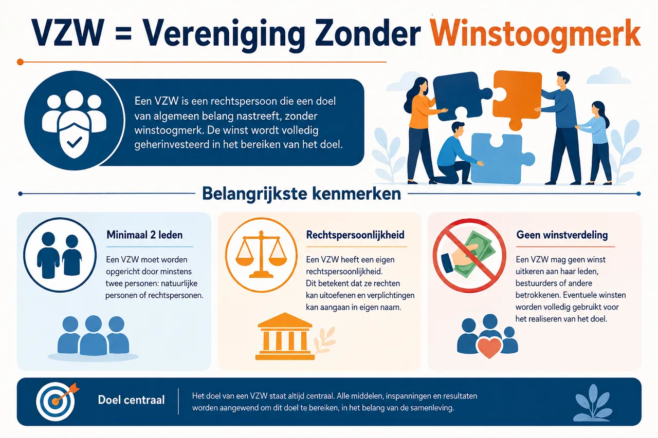 infographic showing vzw definition and key characteristics with text 'VZW = Vereniging Zonder Winstoogmerk' as main